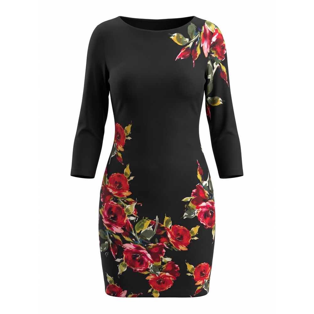 Cache Rose Print Boatneck Black Floral Sheath Dress Women's Sz L
